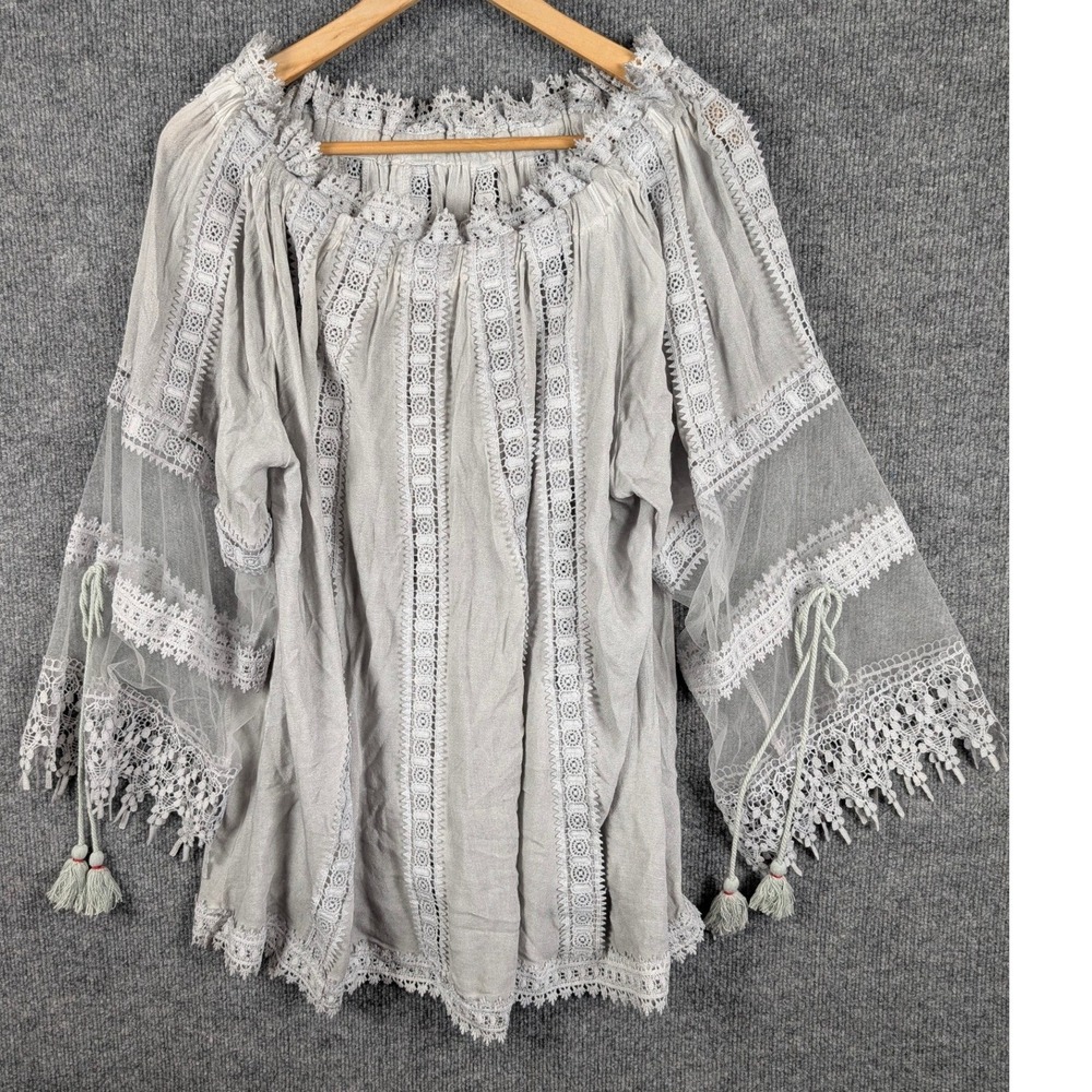 POL Clothing Gray Boho Lace Mesh Sheer Bell Sleeve Peasant Blouse Top Romantic